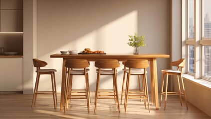 Modern kitchen bar area bathed in sunlight