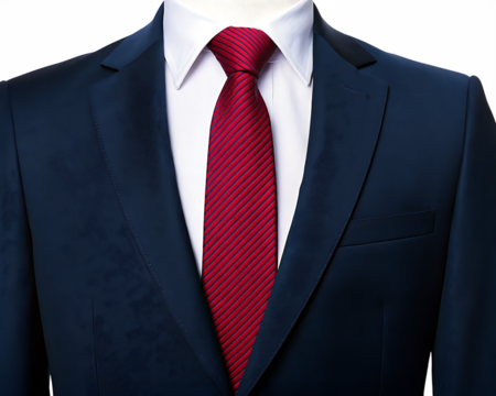 Navy blue suit with white shirt and red striped tie isolated on a transparent background 