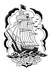 Vintage Illustration of Sailing Ship Tshirt Design