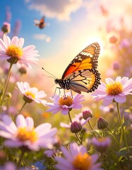 Fototapeta premium A vibrant butterfly rests on a delicate flower, bathed in warm sunlight amidst a field of blossoming flowers.