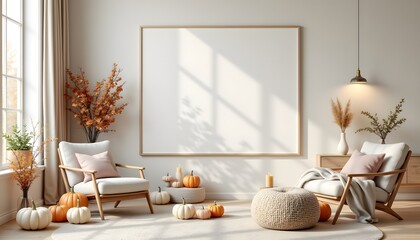 The modern living room is adorned with a variety of natural fall decor including pumpkins and candles, creating a cozy and inviting atmosphere
