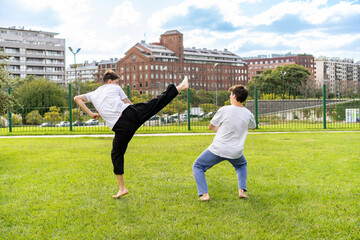 Fototapeta premium Achieving goals with an outdoor Taekwondo session