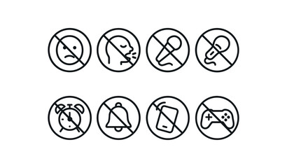 simple outline stroke icon 8 different no talking no shouting no singing no musical instruments no alarms no bell ringing no ring tones no gaming isolated on white background
