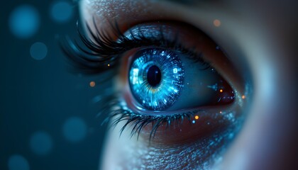 The high tech close up image captures the intricate details of a human eye, with a mesmerizing digital data reflection overlay