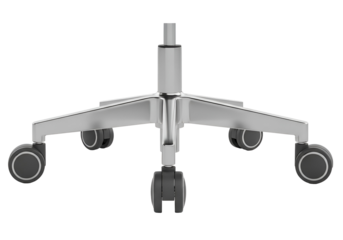 A chrome-plated office chair base with smooth, four-legged structure and dark-gray wheels is presented in a  shot against a black background.