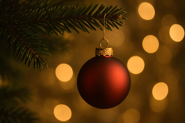 Gros plan d&rsquo;une boule de No&euml;l mate suspendue sur une branche de sapin