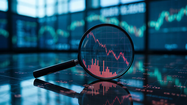 Magnifying Glass Over Downward Stock Market Trend financial graph