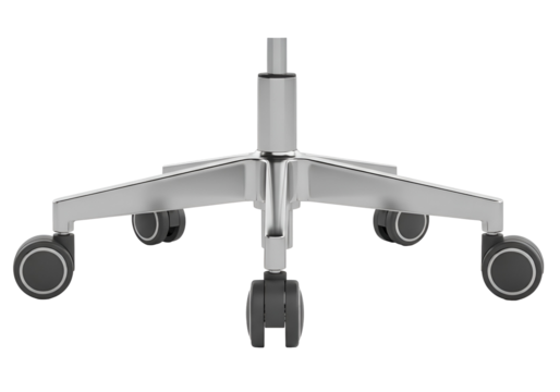 A chrome-plated office chair base with smooth, four-legged structure and dark-gray wheels is presented in a  shot against a black background.