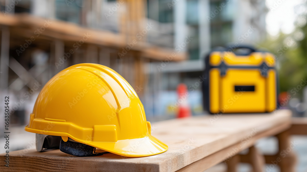 Aufkleber workplace safety scene with helmet and emergency kit on site laborers building structure in backgrou