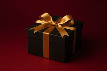 Fototapeta premium Coffret cadeau premium noir avec ruban satin doré sur fond rouge profond