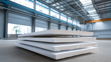 Obraz premium Gypsum Drywall Sheets Stacked in Modern Warehouse Ready for New Home Project with Clean Edges and Labels Highlighting Industrial Material Preparation and Storage Organization