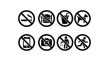 flat black solid icon 8 different items no smoking no food no drink no pets no phone no photography no littering no running isolated on white background