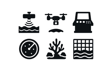 flat black solid icon items isolated on white background: ocean floor mapper remote drone control console radar sweep coral ground depth grid