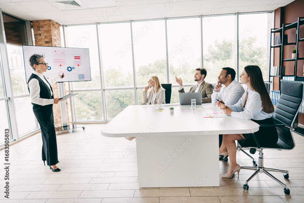 Aufkleber professional team collaborating in a modern office setting during a presentation, fostering innovati