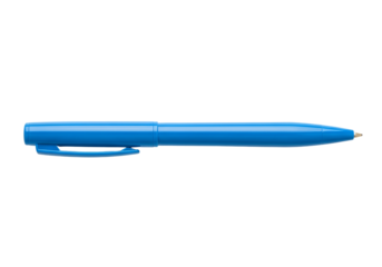 A vibrant blue pen is featured against a pure black backdrop, showcasing its smooth, sleek design.