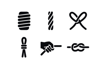 flat black solid icon items isolated on white background: rope wrap weaving cord strands crossing loops tied hand pull knot form