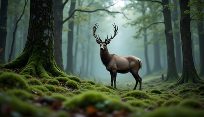 The majestic stag stands tall and proud in the misty green forest, its antlers reaching towards the sky as soft light filters through the canopy overhead