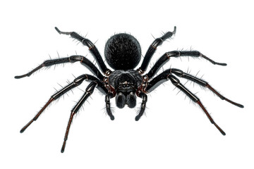 Detailed close-up image of a black spider against a clean white backdrop for dramatic effect