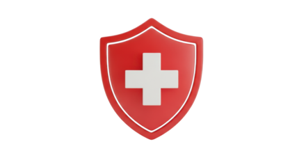 Red shield with white cross symbol for healthcare or security graphic design isolated on a transparent background
