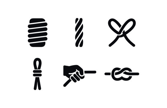 flat black solid icon items isolated on white background: rope wrap weaving cord strands crossing loops tied hand pull knot form