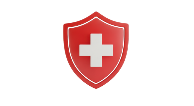 Red shield with white cross symbol for healthcare or security graphic design isolated on a transparent background