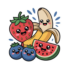 Adorable kawaii fruits together strawberry banana blueberries and watermelon slice