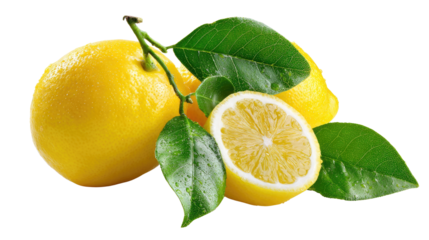 Zesty Citrus Burst: A vibrant display of fresh lemons, accompanied by lush green leaves, evokes a sense of vitality and refreshment, captured in vivid detail.
