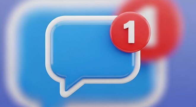 Blue speech bubble with white outline and red notification circle with number one on a blue background