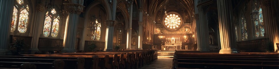 Obraz premium Cinematic view of an old gothic church interior with stained glass windows, pews, and sunlight streaming in to create a golden glow highlighting intricate architectural details