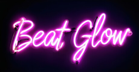 Bright pink neon sign displays text Beat Glow against dark purple background. Script font creates vibrant illumination.