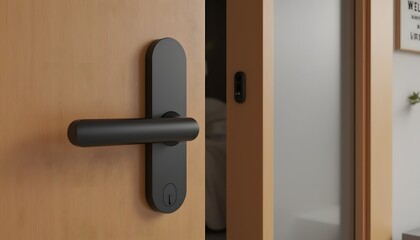 Obraz premium The sleek, modern smart lock with a black, glossy finish effortlessly complements the natural wood colored door, creating a minimalist and brutalist aesthetic