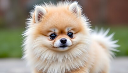 The Pomeranian puppy is a small, fluffy dog with a distinctive double coat that is fluffy and voluminous
