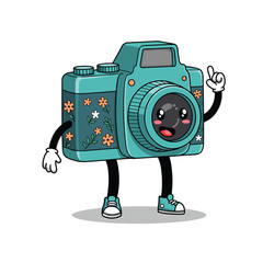 Cartoon groovy photo camera retro character. Isolated vector funky, hippie style photocamera personage adorned with vibrant daisy flowers, stars and playful smile push shooting button to make snapshot