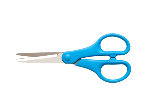 A pair of bright, vibrant blue scissors, with silver blades, is presented against a plain black background.