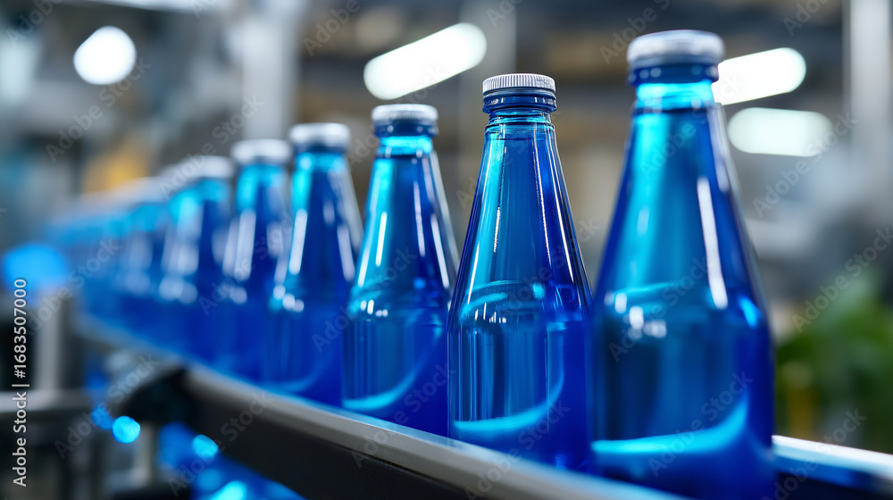 Poster conveyor belt transporting blue bottles in precise formation with labels and caps soft ambient facto