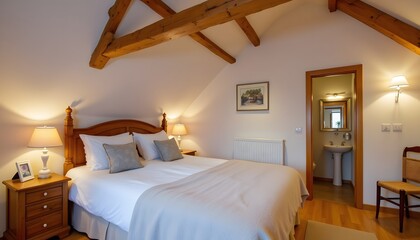 The bedroom in the old house located in the attic features sloping ceilings, oak floors, and exposed wooden beams, creating a cozy and rustic atmosphere.