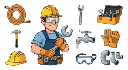 Illustration of a plumber with tools including a wrench, toolbox, and safety equipment displayed