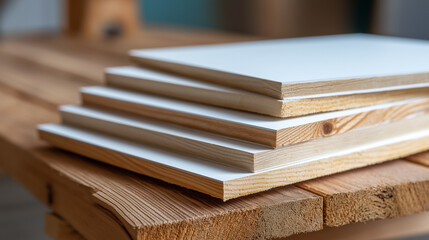 Fototapeta premium Pristine Plasterboard Panels Leaning Against Wooden Frame Crisp Edges Contrasting Raw Timber with Grain and Knots Highlighting Home Construction Progress and Interior Finishing