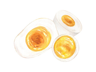 Three boiled egg halves watercolor illustration on isolated background. Cut in half ready to eat eggs. Breakfast healthy dieting ingredients for recipe design, restaurant menu, poster.