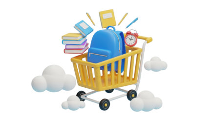 Shopping cart filled with school supplies and clouds backpack isolated on a transparent background