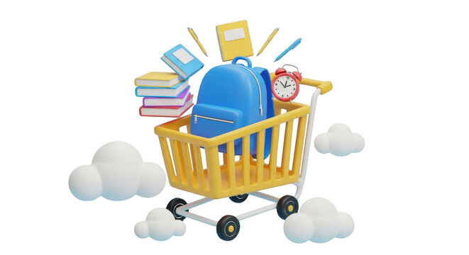 Shopping cart filled with school supplies and clouds backpack isolated on a transparent background