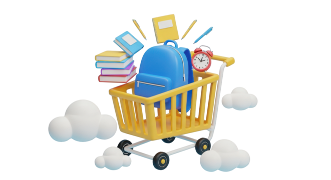 Shopping cart filled with school supplies and clouds backpack isolated on a transparent background