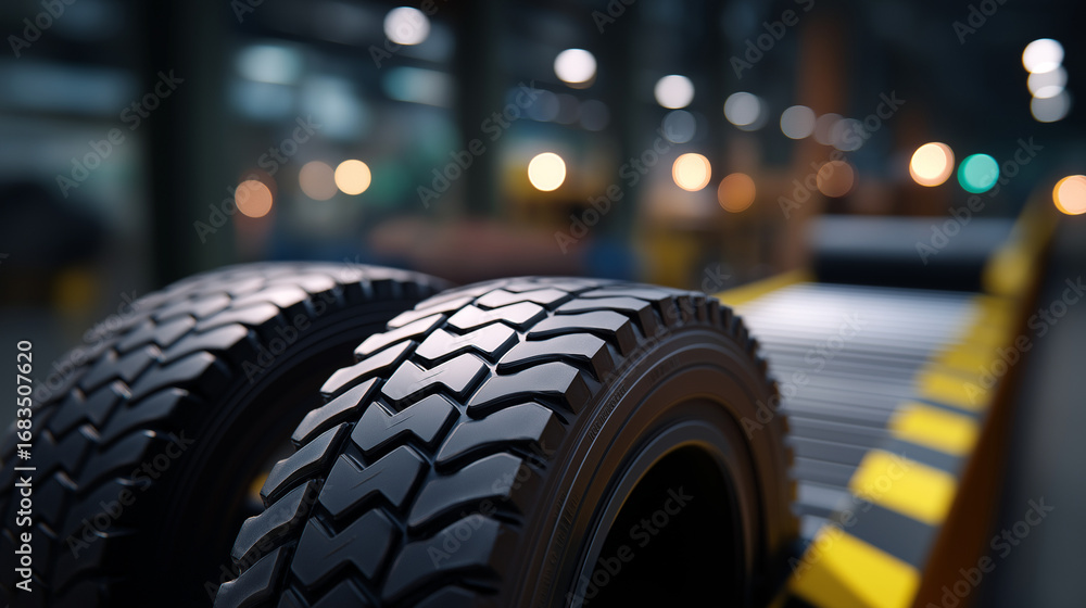 Poster close up of rotating tires on conveyor belt detailed tread textures highlighted with grooves and pat