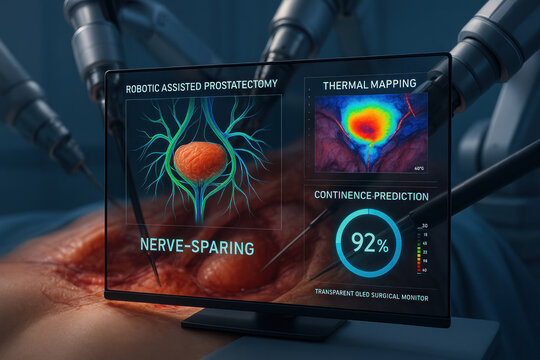 Robotic Assisted Prostatectomy Illustration Showing Nerve-Sparing and Thermal Mapping. Illustration.