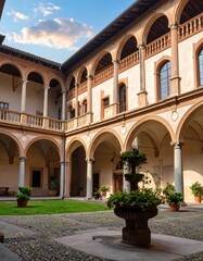 Fototapeta premium A sun-drenched courtyard with arches, columns, and lush greenery, showcasing a classic architectural style.