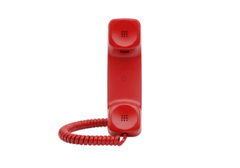 A vivid red corded telephone handset stands out against a stark black background.