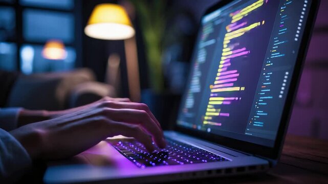 Programmer typing code on laptop with colorful syntax highlighting, modern workspace setup, warm lamp light, and night development scene
