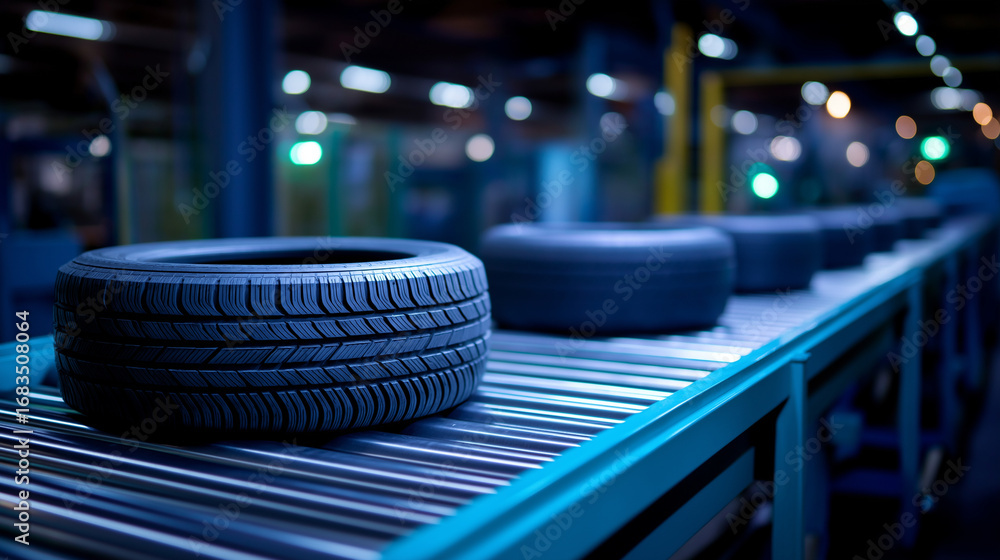 Poster tires lined up on moving conveyor robotic arms ready for automated inspection with sensors and gripp