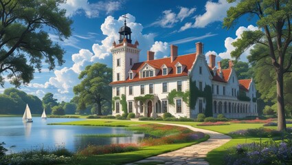 A picturesque estate with a grand mansion overlooking a serene lake and a landscape of lush greenery and colorful flowers.