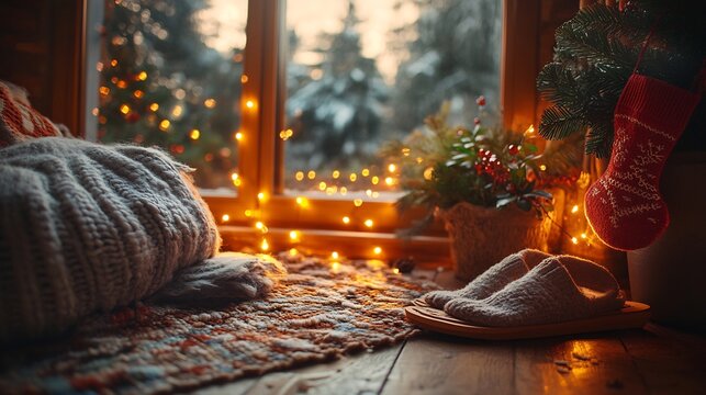 Holiday gift arrangement with cozy indoor sandals festive stockings and glowing lights creating a warm and cheerful winter atmosphere